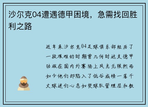 沙尔克04遭遇德甲困境，急需找回胜利之路